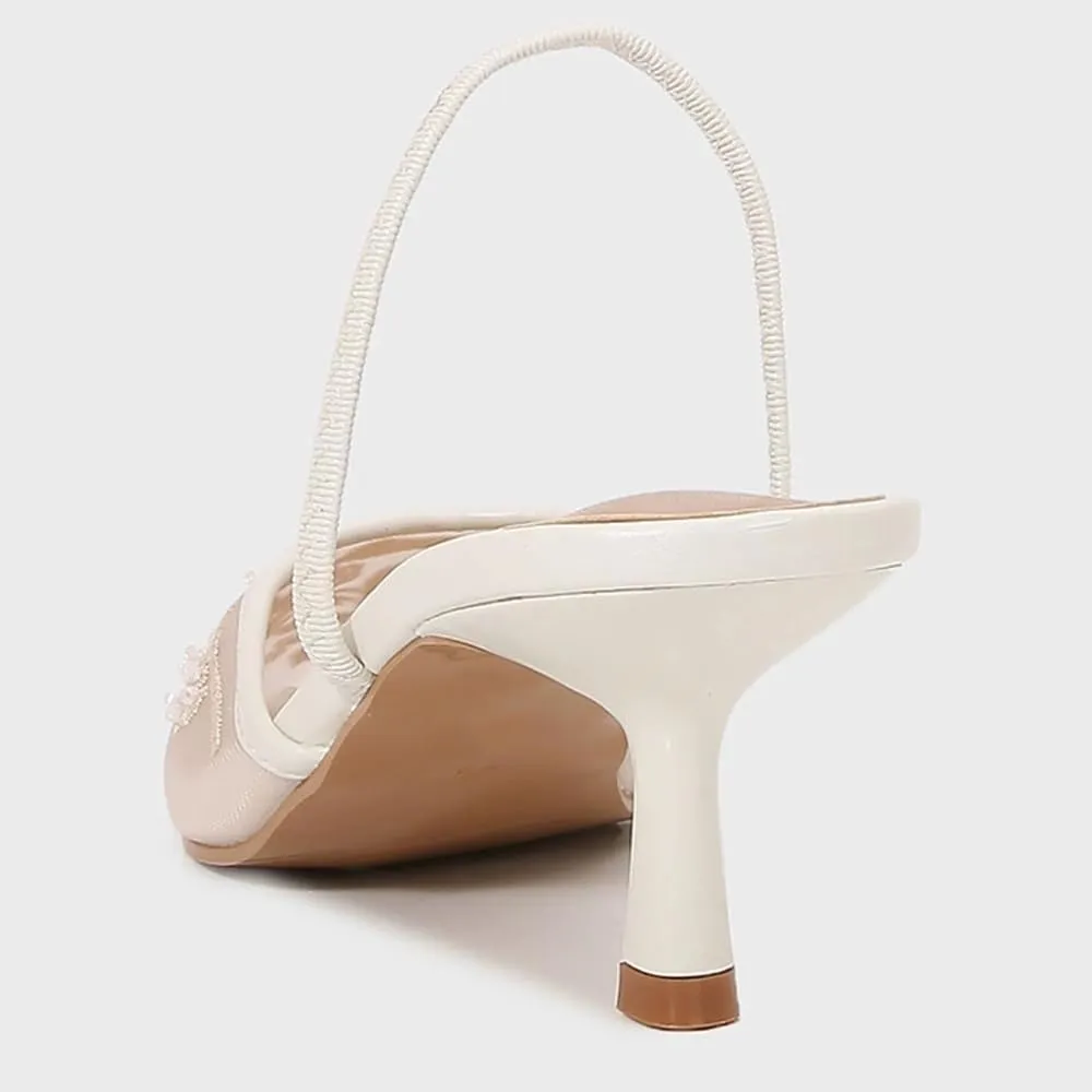 YIYA Women's White Embroidered Mesh Slingback Wedding Bridal Heels Closed Pointed Toe Stiletto Pearl Kitten Heels Party Dress Pumps Shoes