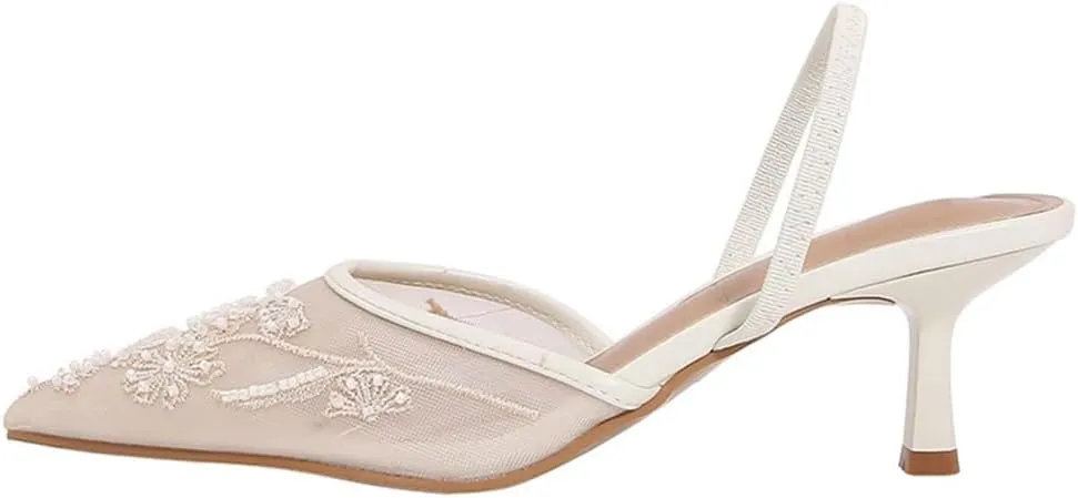 YIYA Women's White Embroidered Mesh Slingback Wedding Bridal Heels Closed Pointed Toe Stiletto Pearl Kitten Heels Party Dress Pumps Shoes
