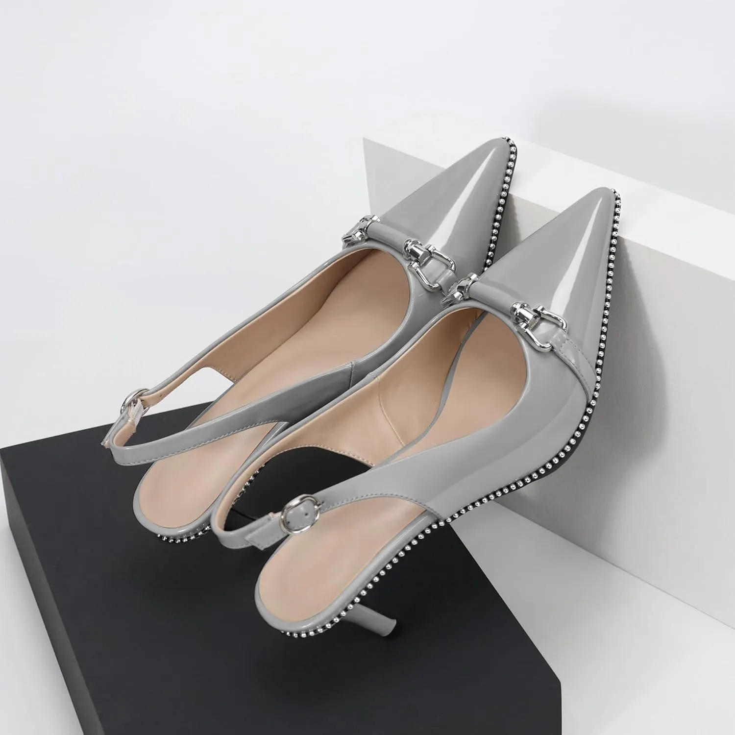 YODEKS Slingback Kitten Heels Women's Pointed Toe Low Heel Pumps 2.5 Inch Beaded Metal Buckle Shoes US Size 5-13