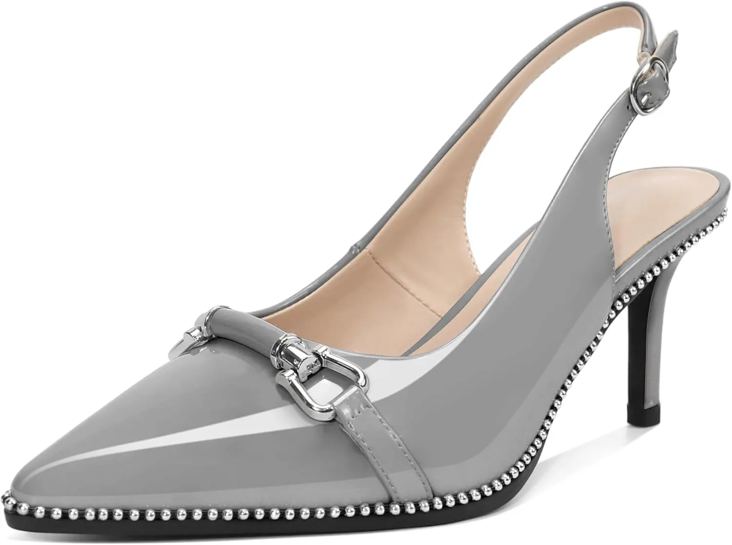 YODEKS Slingback Kitten Heels Women's Pointed Toe Low Heel Pumps 2.5 Inch Beaded Metal Buckle Shoes US Size 5-13