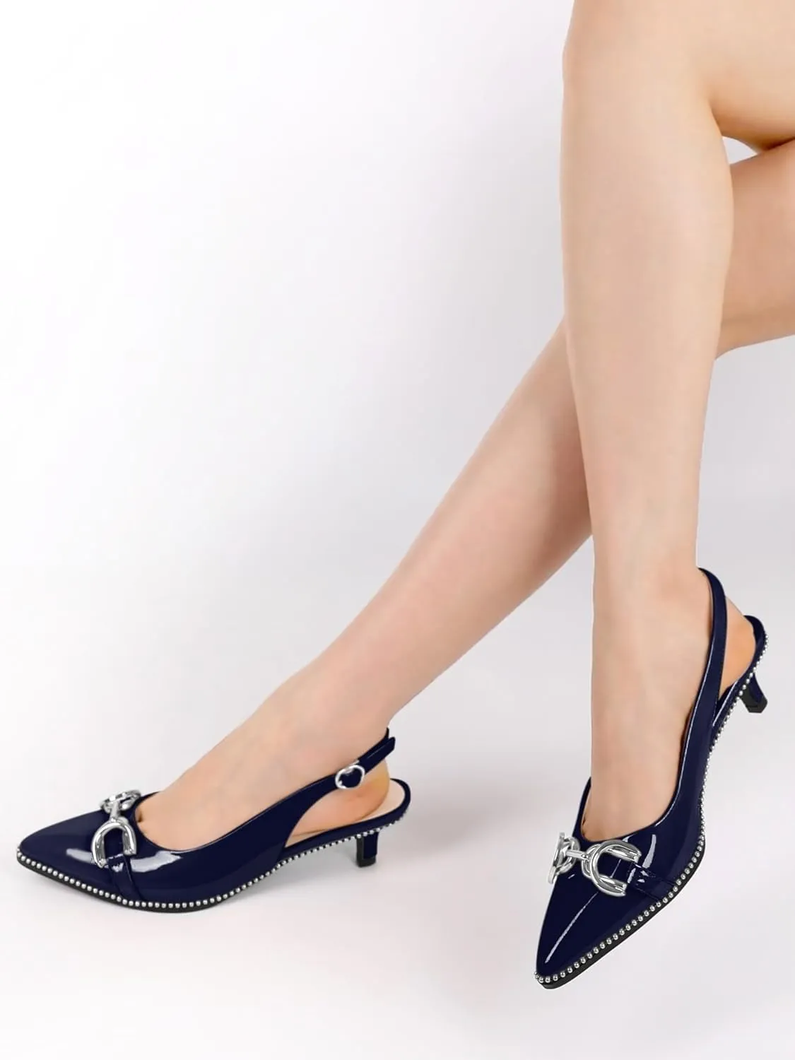 YODEKS Women's Slingback Kitten Heels Pointed Toe Low Heel Beaded Pumps 1.5 Inch Metal Buckle Shoes Size 5-13