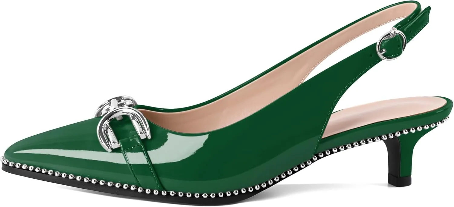 YODEKS Women's Slingback Kitten Heels Pointed Toe Low Heel Beaded Pumps 1.5 Inch Metal Buckle Shoes Size 5-13
