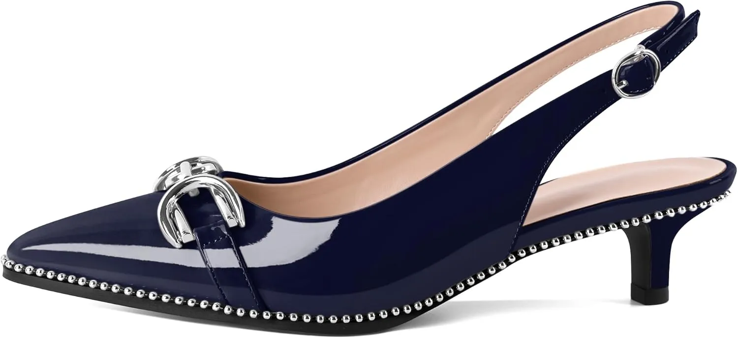 YODEKS Women's Slingback Kitten Heels Pointed Toe Low Heel Beaded Pumps 1.5 Inch Metal Buckle Shoes Size 5-13