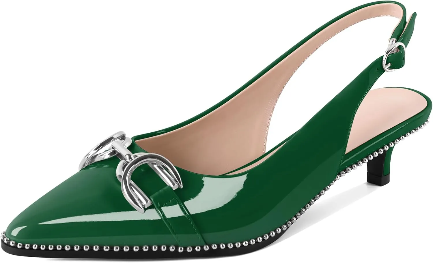 YODEKS Women's Slingback Kitten Heels Pointed Toe Low Heel Beaded Pumps 1.5 Inch Metal Buckle Shoes Size 5-13