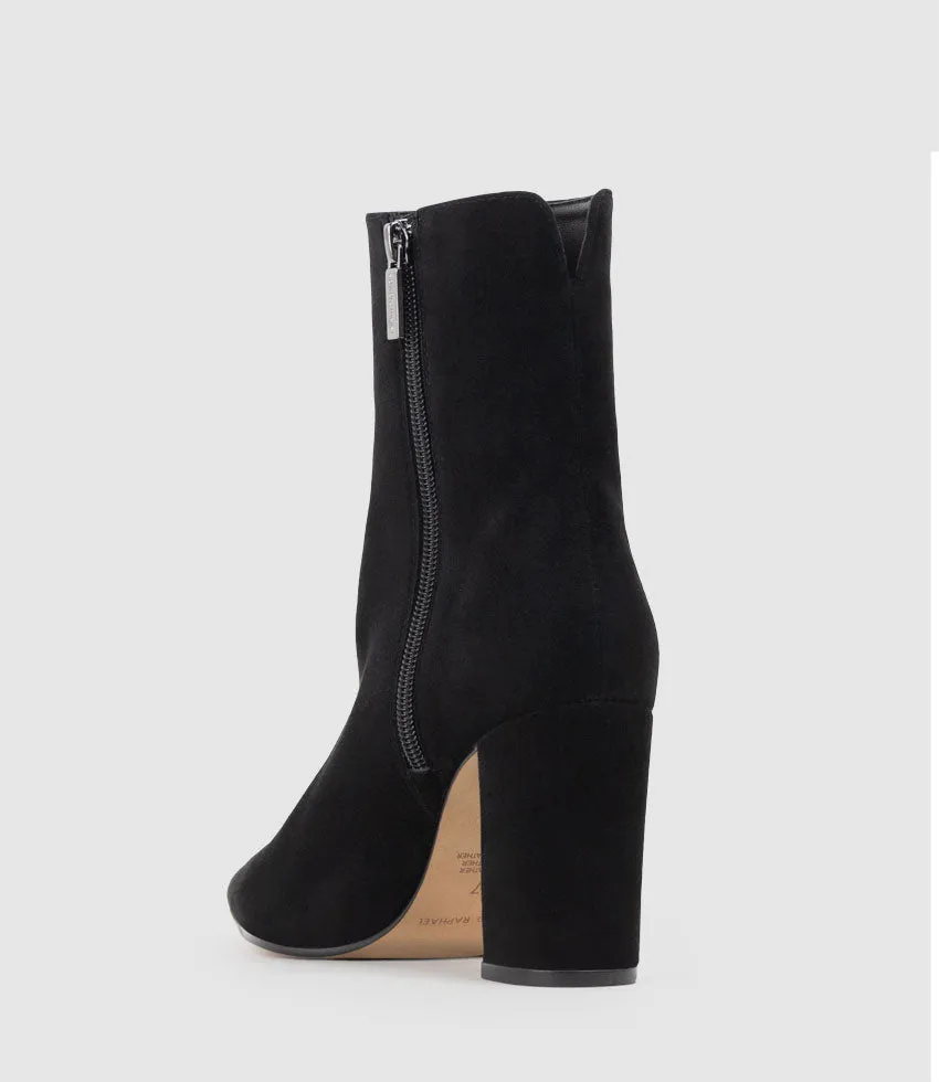 ZIARA85 Block Heel Ankle Boot in Black Suede