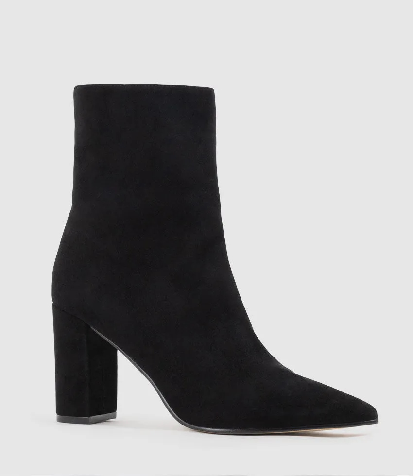 ZIARA85 Block Heel Ankle Boot in Black Suede