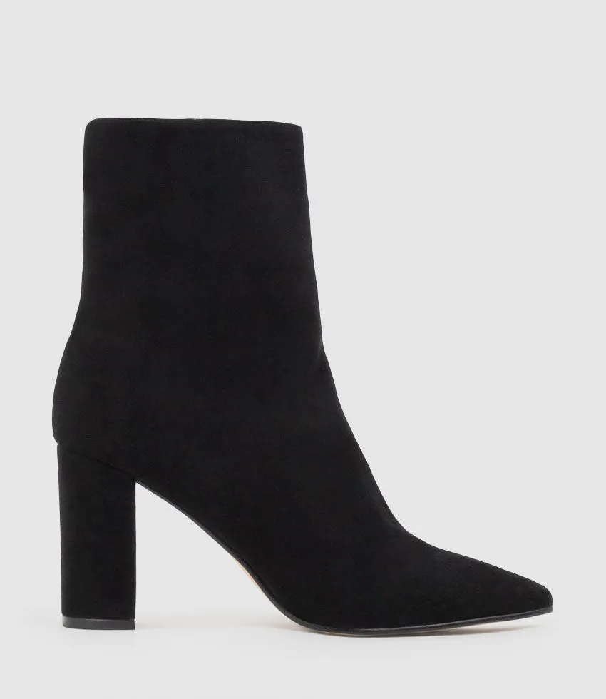 ZIARA85 Block Heel Ankle Boot in Black Suede